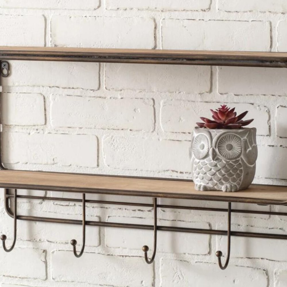 Two-tier Industrial Wall Shelf with Hooks